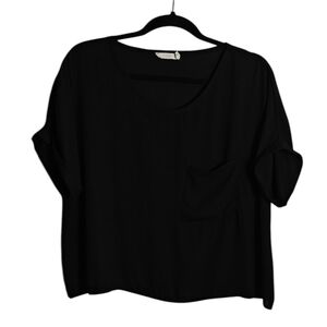 LUSH Round Neck Blouse With Front Lapel Pocket in Black Size Small